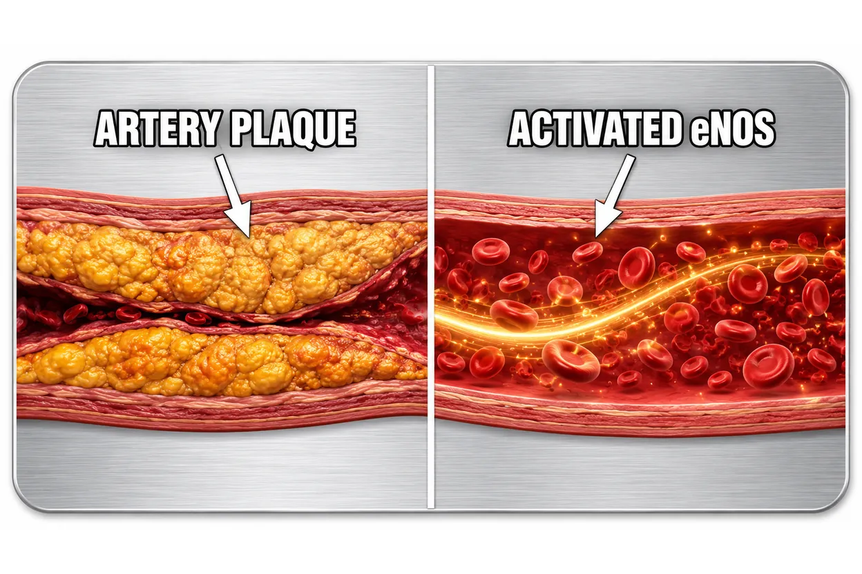 Split illustration comparing an artery clogged with plaque to one with activated eNOS and freely flowing blood cells