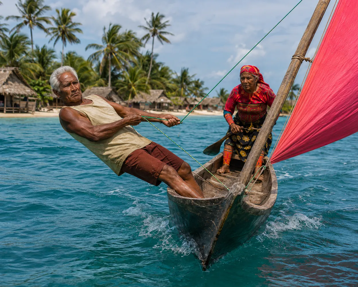 Two Kuna elders sailing a wooden canoe with a red sail off a palm-lined island