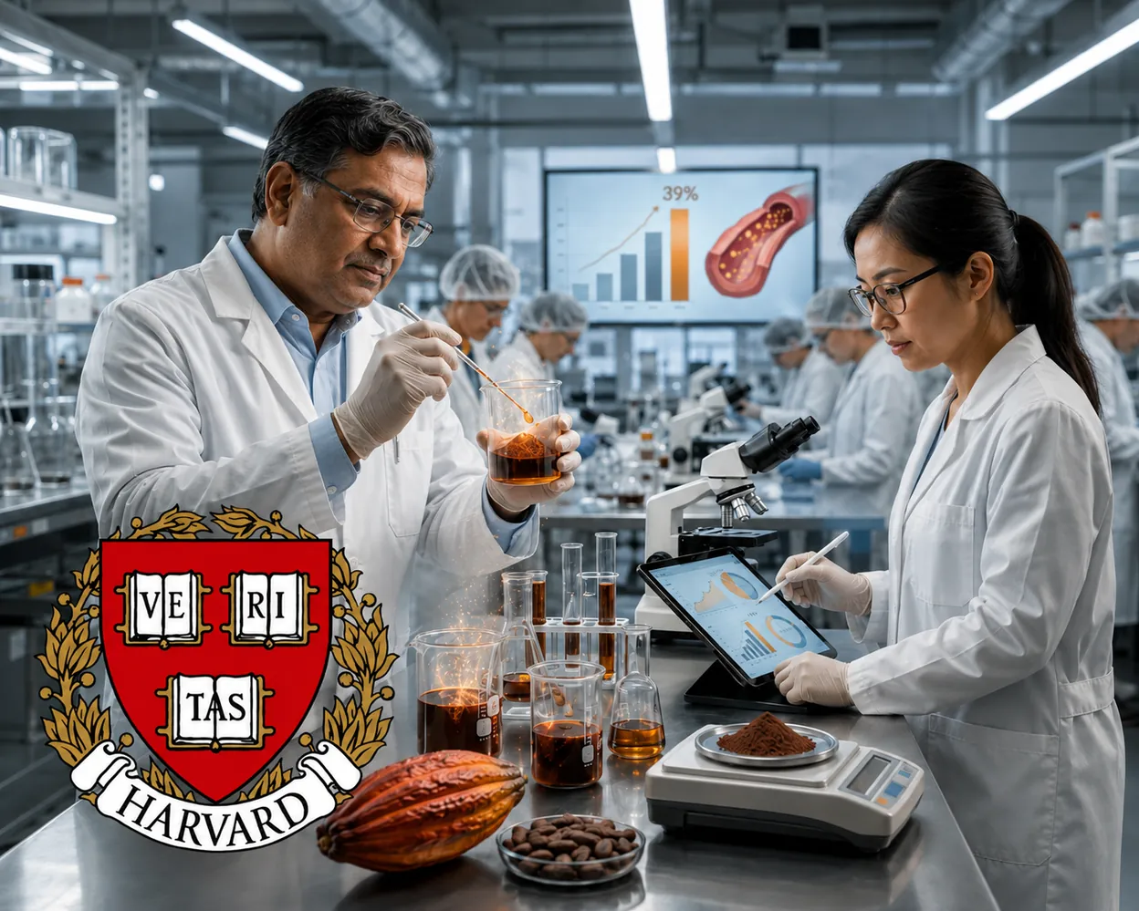 Researchers in a laboratory testing cacao samples beside a screen showing a 39% result