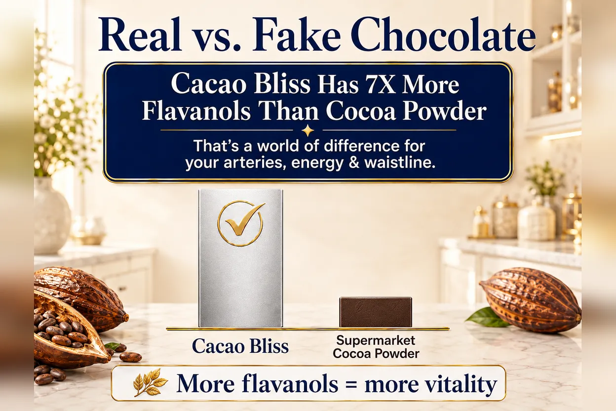 Real versus fake chocolate comparison: Cacao Bliss has 7x more flavanols than supermarket cocoa powder