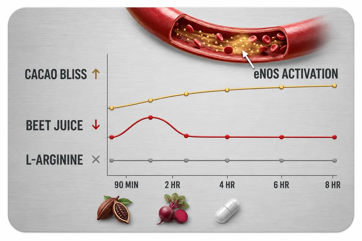 Chart of eNOS activation over eight hours: Cacao Bliss rising steadily, beet juice spiking then dropping, L-arginine staying flat
