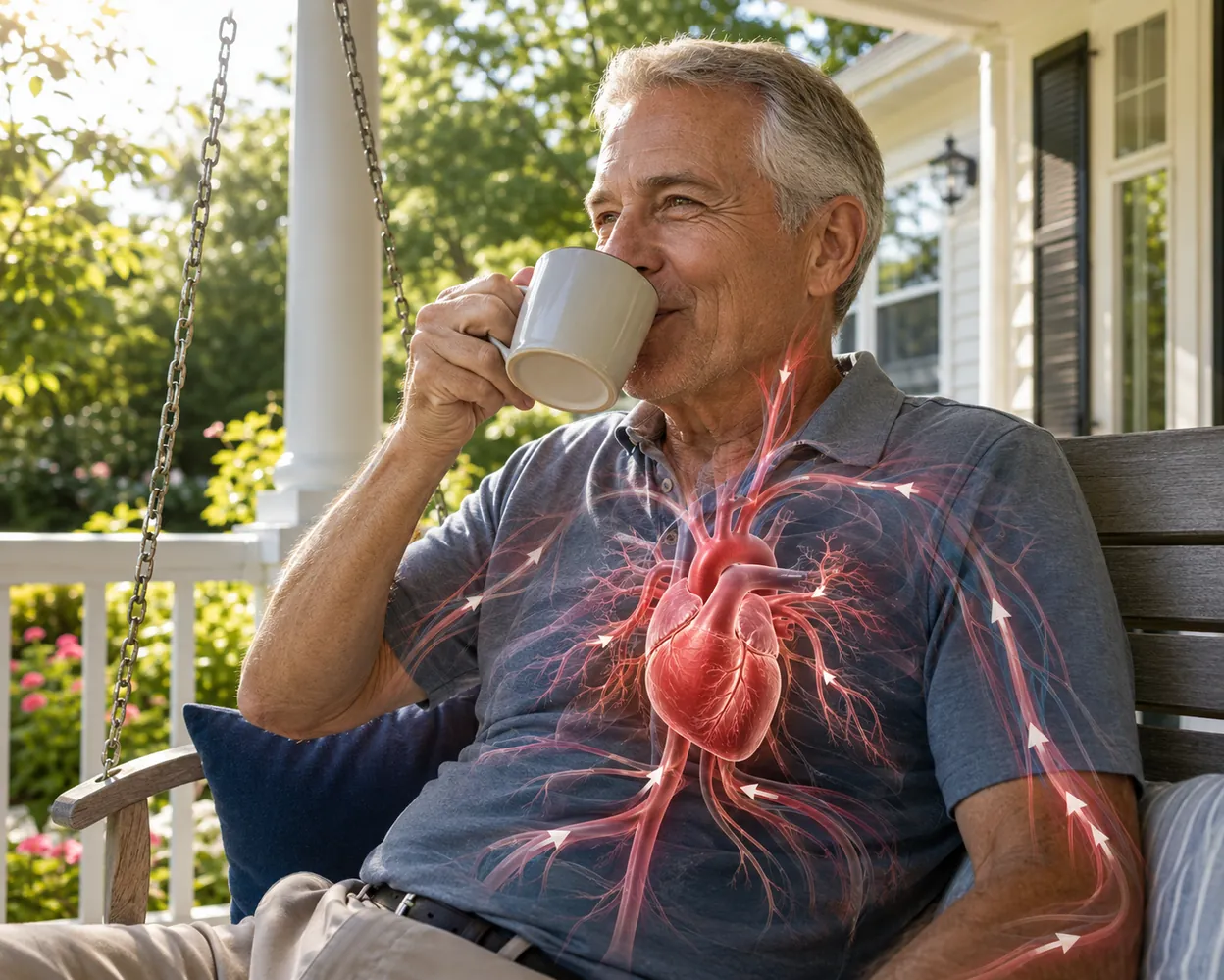 Man drinking coffee on a porch swing with an illustrated heart and circulation overlay on his chest