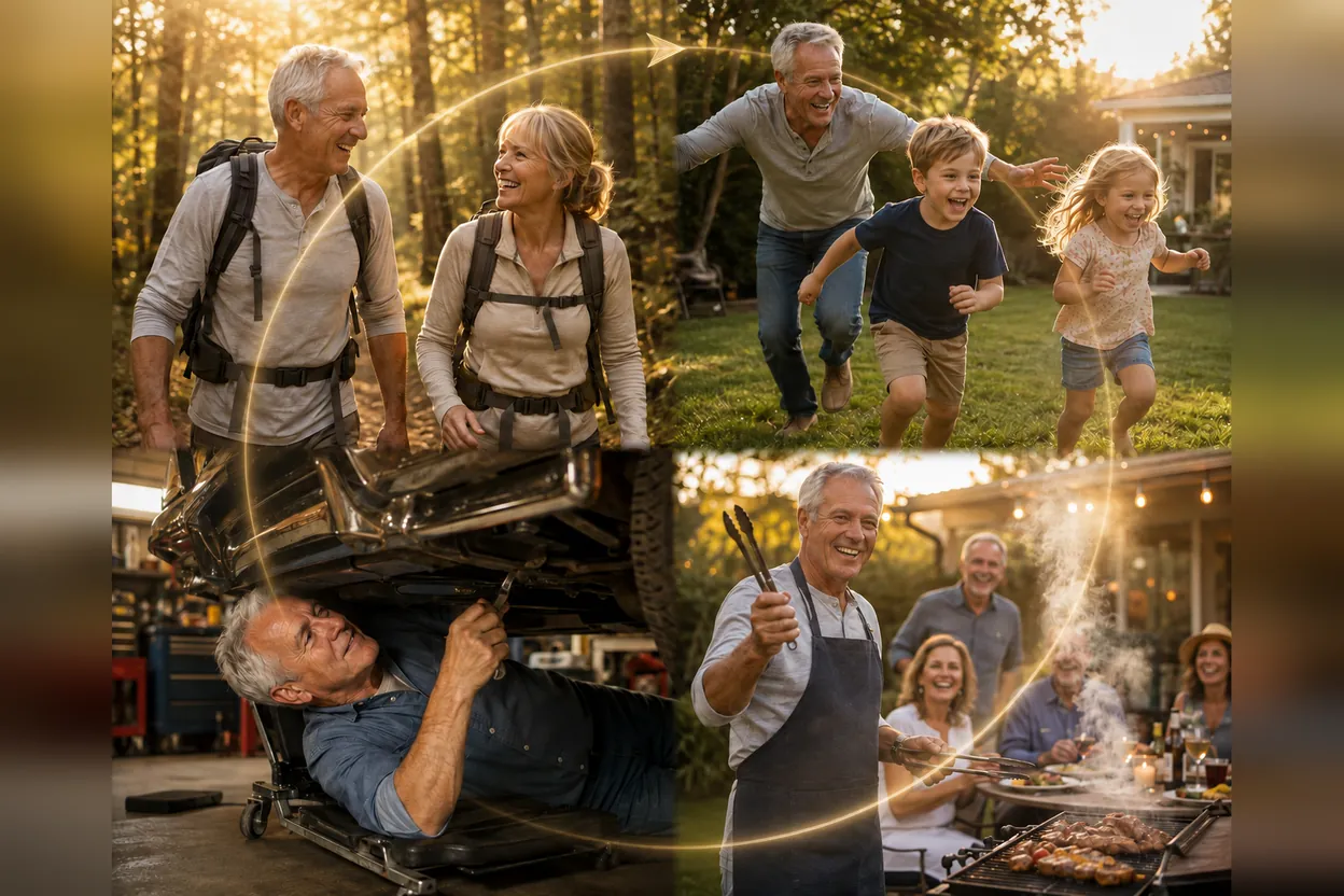 Collage of active older adults hiking, chasing grandkids, fixing a car and grilling