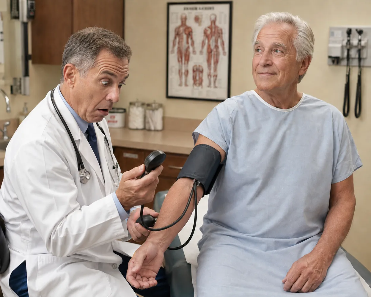 Doctor reacting with surprise while taking an older patient's blood pressure