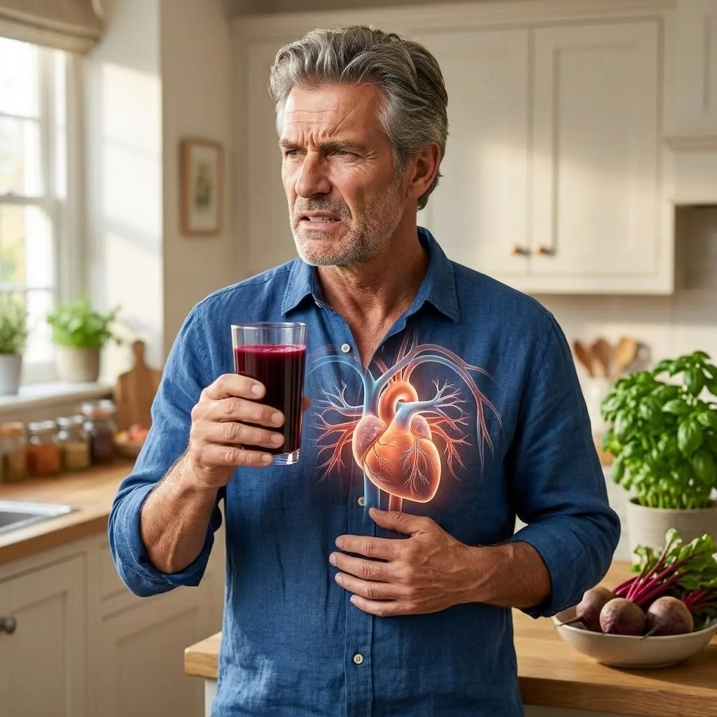 Man in his kitchen frowning at a glass of beet juice, an illustrated heart glowing over his chest
