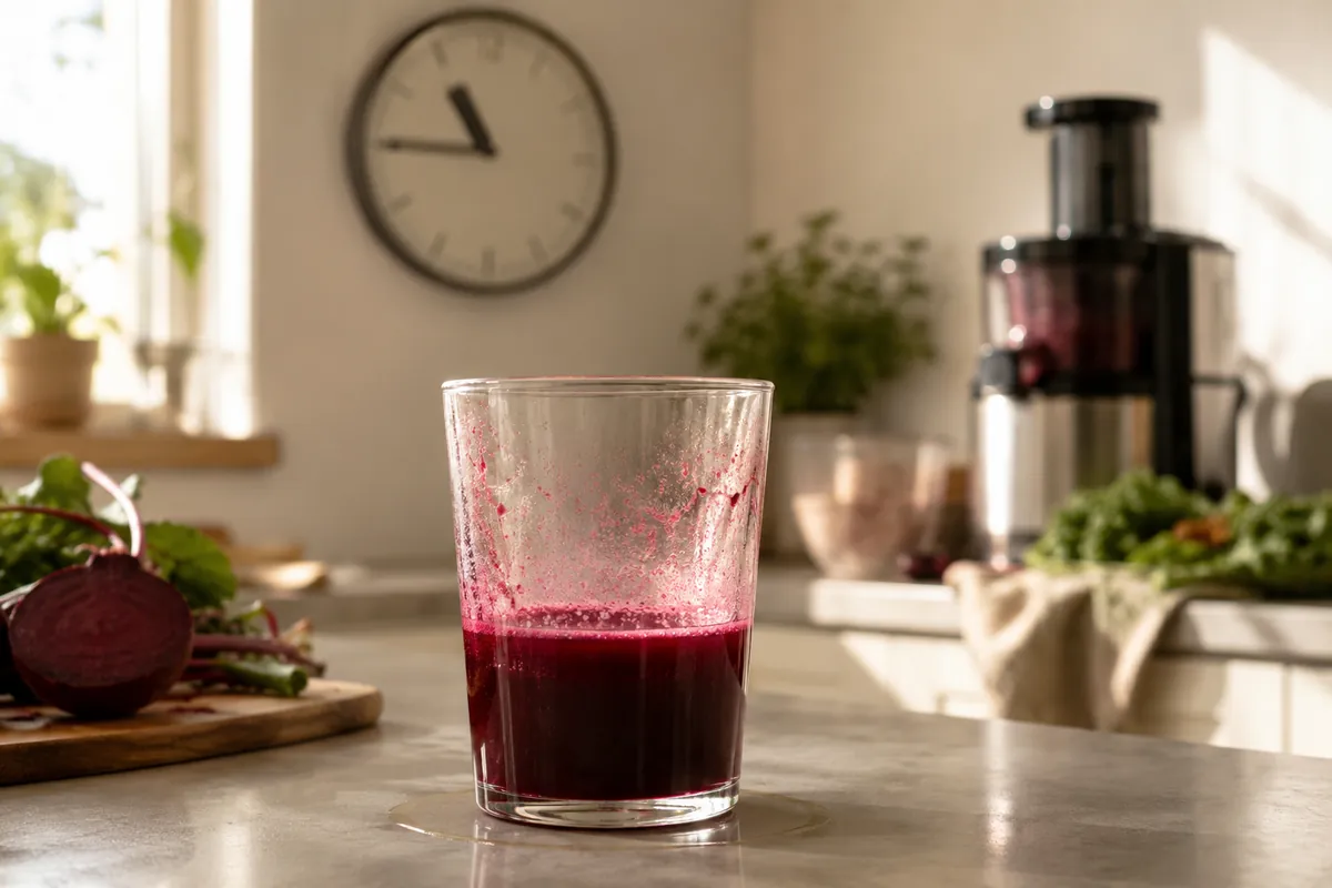 Half-finished glass of beet juice on a kitchen counter, wall clock behind it