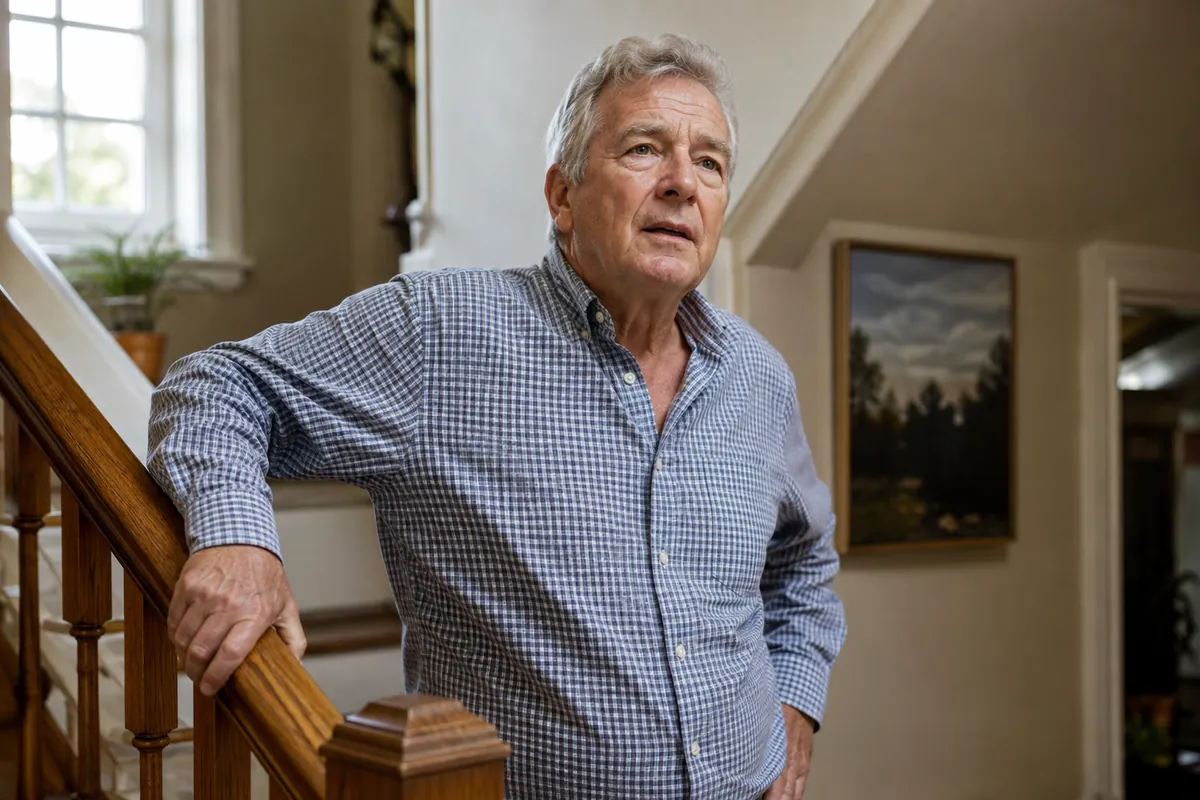 Man in his late sixties pausing on a staircase landing, hand on the rail