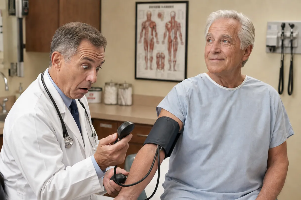 Doctor reacting to an older patient's blood pressure reading
