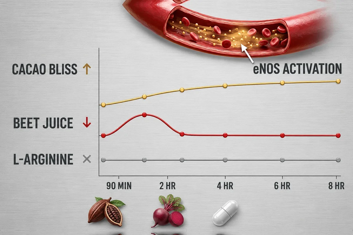 Chart comparing eNOS activation over 8 hours: Cacao Bliss sustained, beet juice spiking then dropping, L-arginine flat