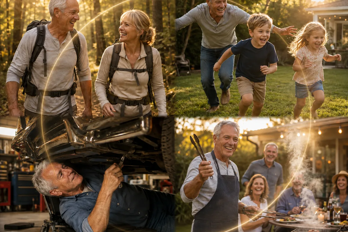 Active older adults hiking, playing and cooking with family