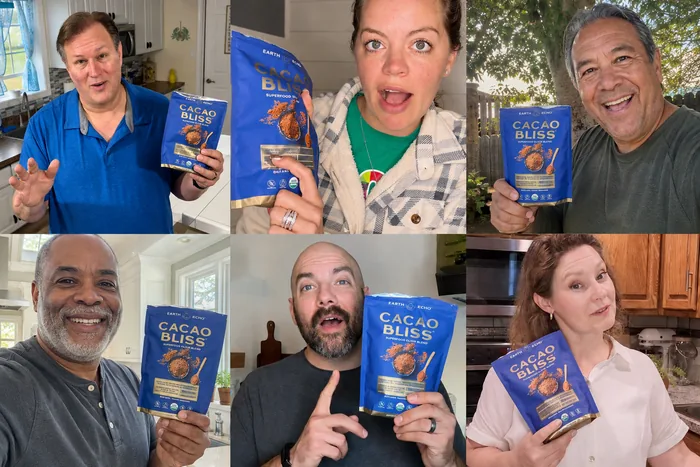 Six customers holding bags of Cacao Bliss