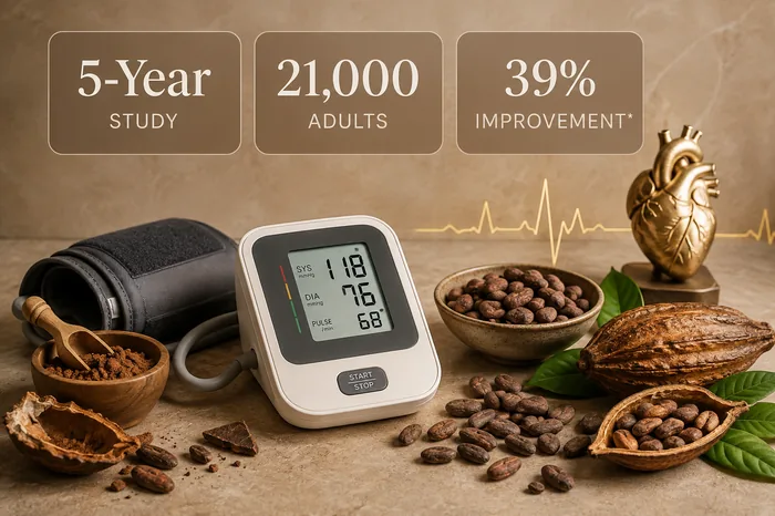 Blood pressure monitor beside cacao pods and beans