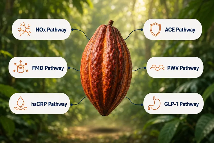 Cacao pod labelled with six blood pressure pathways