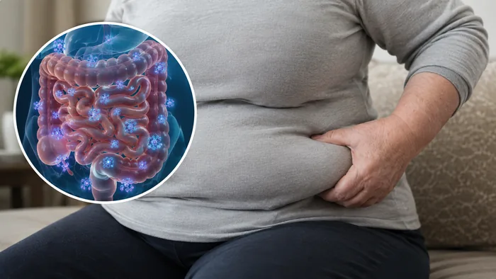 Visceral fat around the midsection with gut illustration