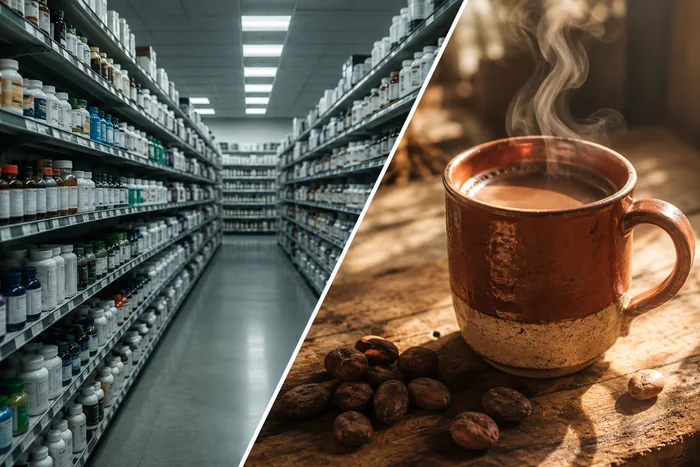 Supermarket supplement aisle beside a cup of cacao