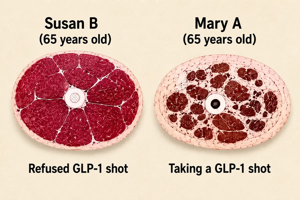 Illustration comparing the thigh muscle of a 65-year-old woman who refused GLP-1 shots with the shrunken muscle of one taking them