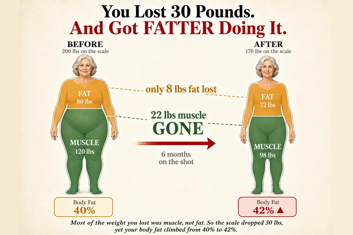 Infographic: you lost 30 pounds and got fatter doing it - 22 lbs of muscle gone and body fat up from 40% to 42% after 6 months on the shot