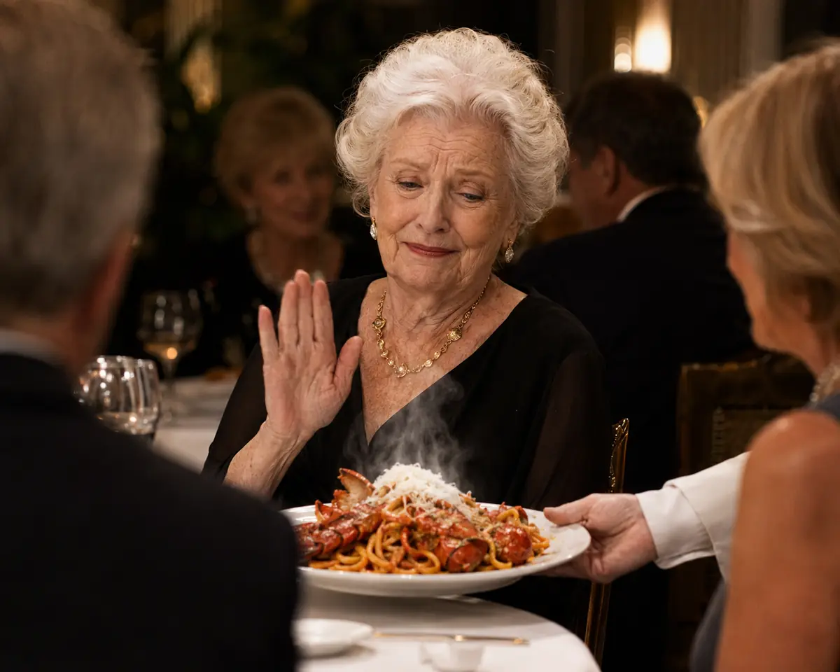 Older woman turning away a plate of pasta at a family dinner
