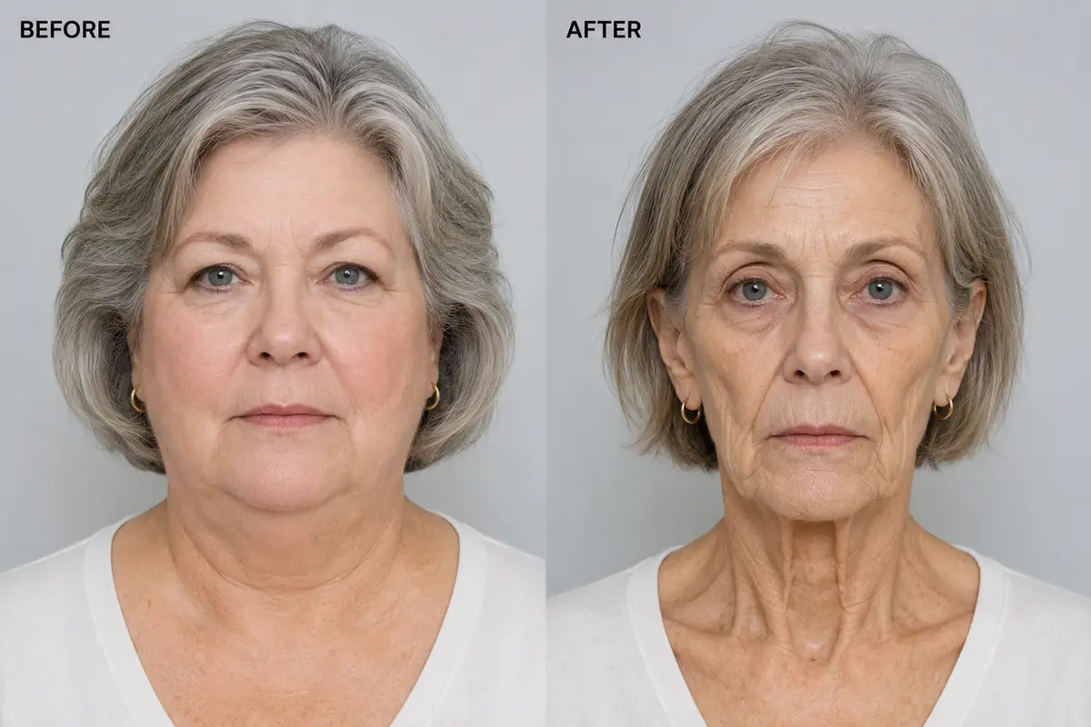 Before and after portraits of the same woman showing a hollow, sagging face after rapid weight loss