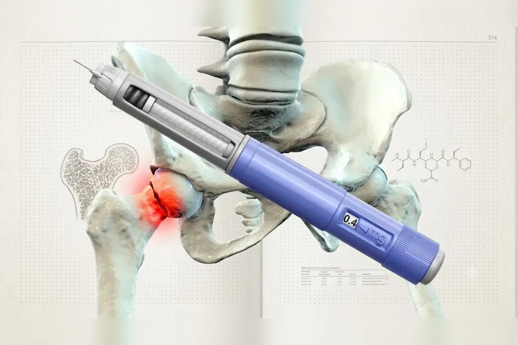 GLP-1 injection pen over an illustration of a hip joint with the fracture point highlighted in red