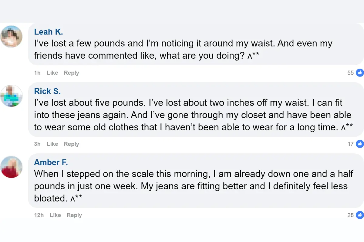 Social media comments from readers reporting lost pounds and inches off their waists