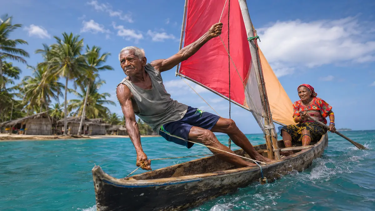 Older Costa Rican man sailing an outrigger canoe along a tropical shoreline