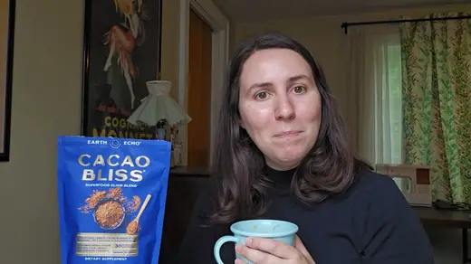 Amber F. holding a bag of Cacao Bliss