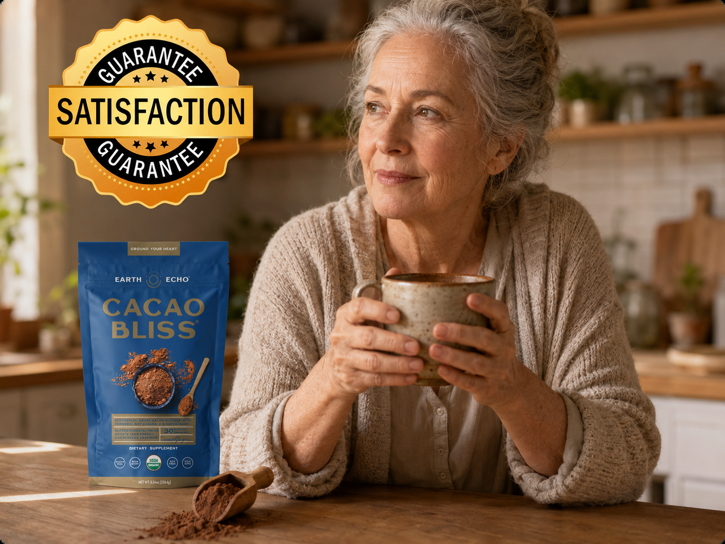 A woman holding a mug of cacao at a sunlit kitchen counter beside a Cacao Bliss pouch, with a satisfaction guarantee badge