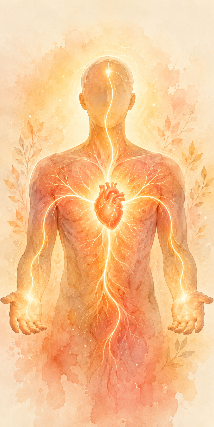 Watercolour illustration of a figure with a glowing heart at centre and lines of light branching to the head, hands and vessels