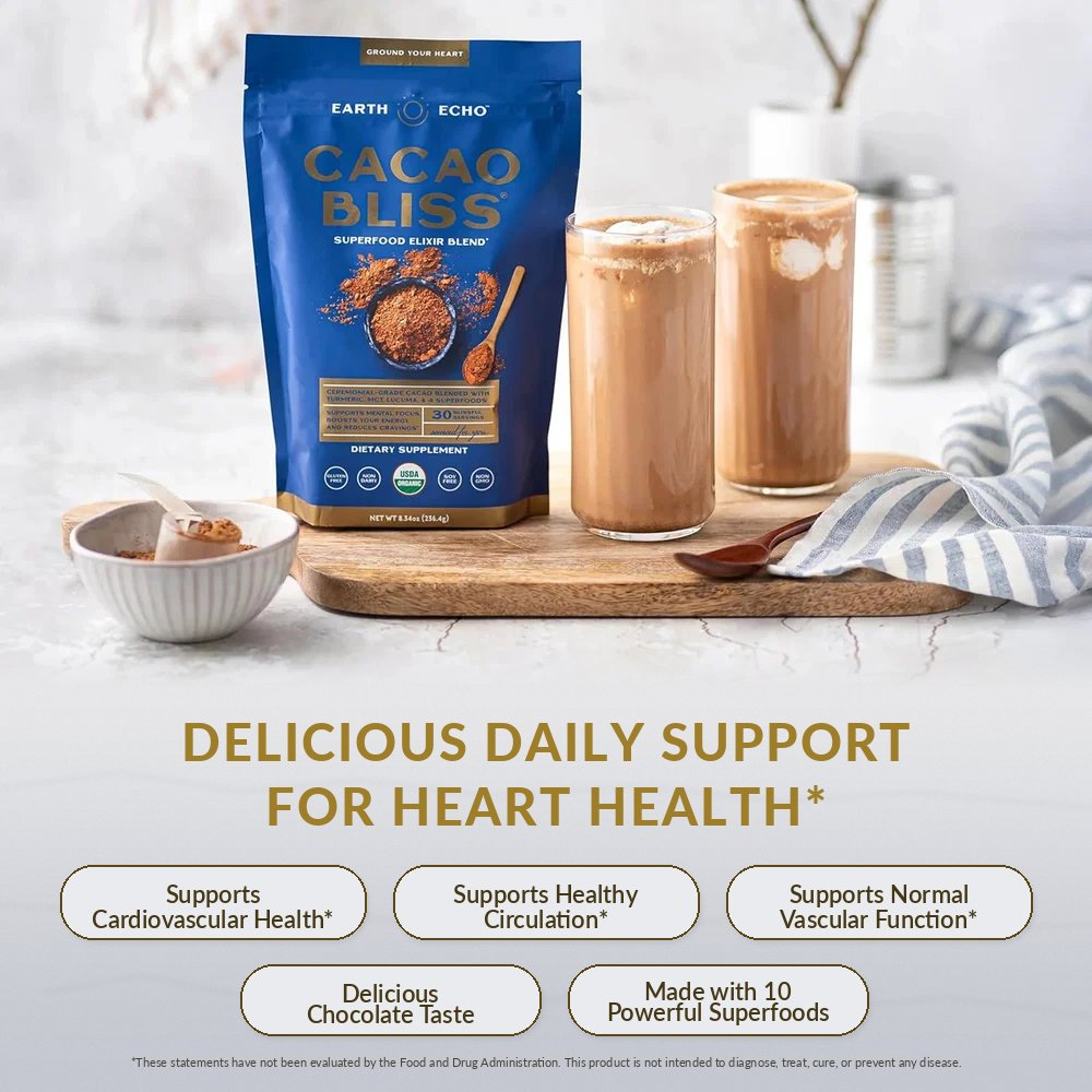 Cacao Bliss pouch with two iced cacao drinks on a wooden board — delicious daily support for heart health