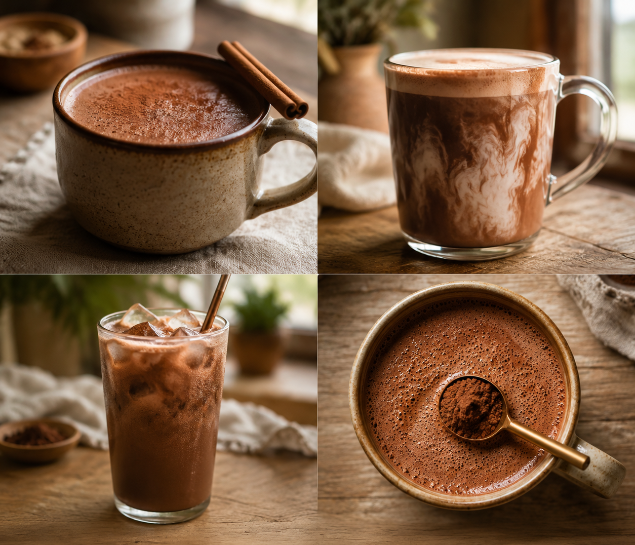 Cacao Bliss served four ways: cinnamon dusted, latte style, iced, and dusted with cacao powder