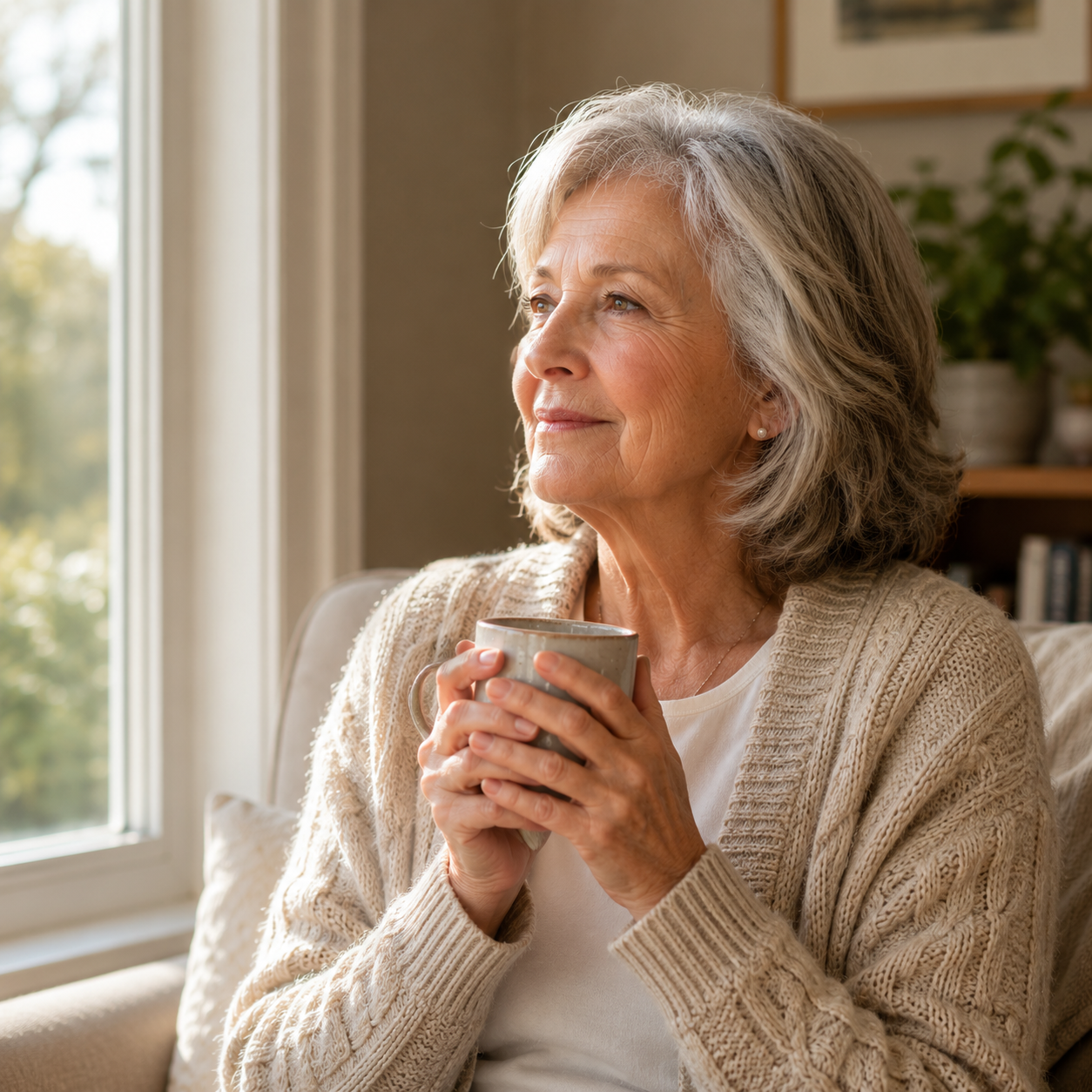 Woman in her seventies holding a mug with both hands, looking out a window in warm morning light