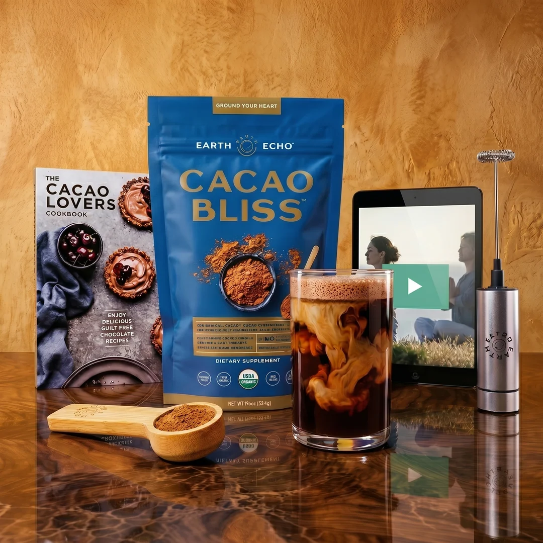 Cacao Bliss with the free starter kit: frother, bamboo scooper, cookbook and Bliss Meditations