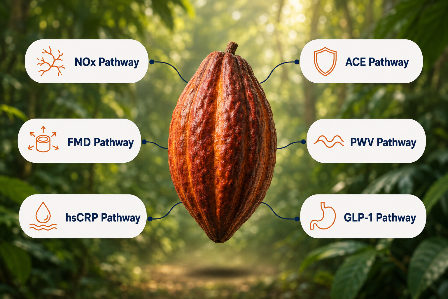 Diagram of the six vascular pathways cacao flavanols support