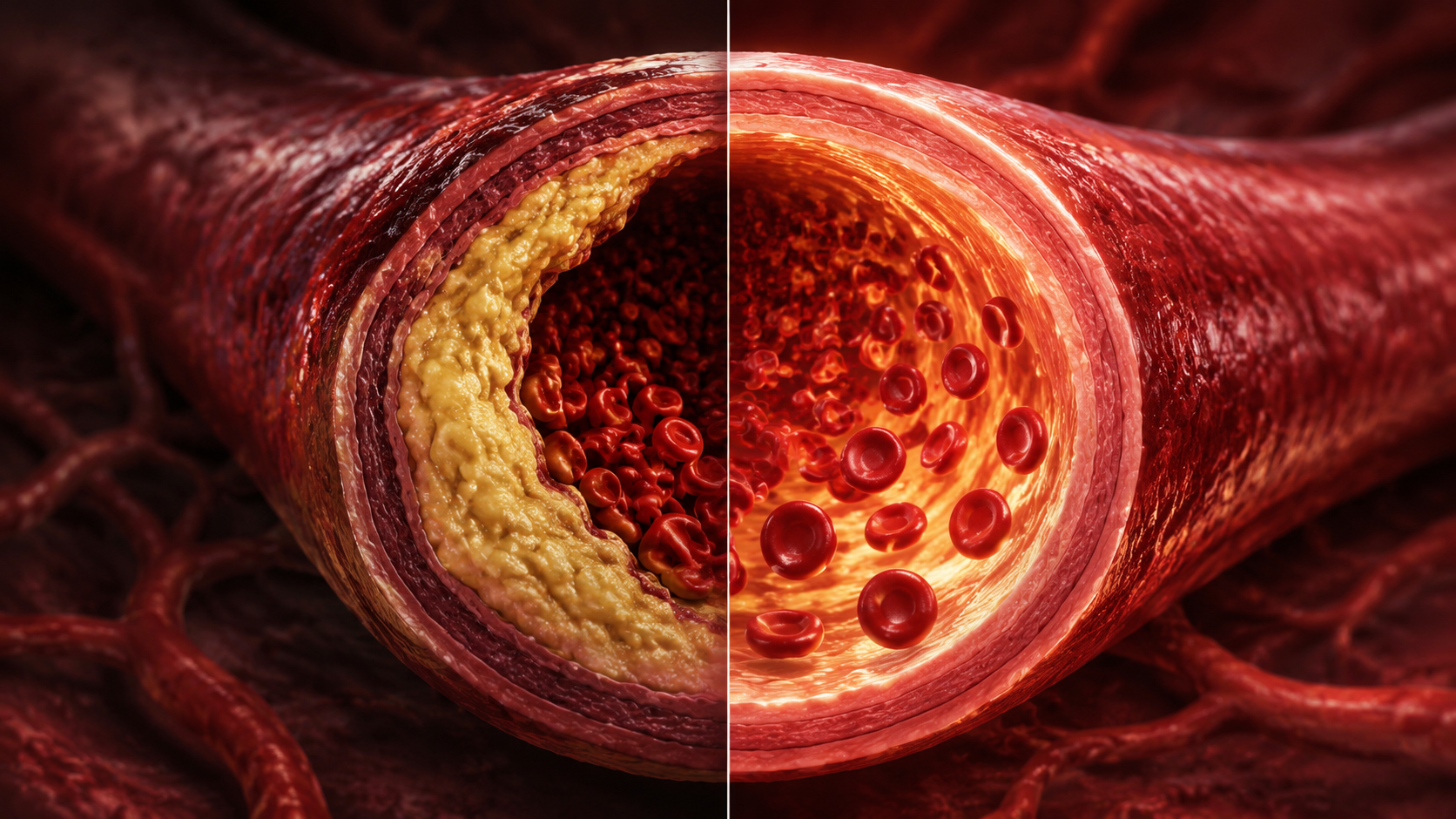 Cross-section comparison of a plaque-narrowed artery and a clear, flowing artery