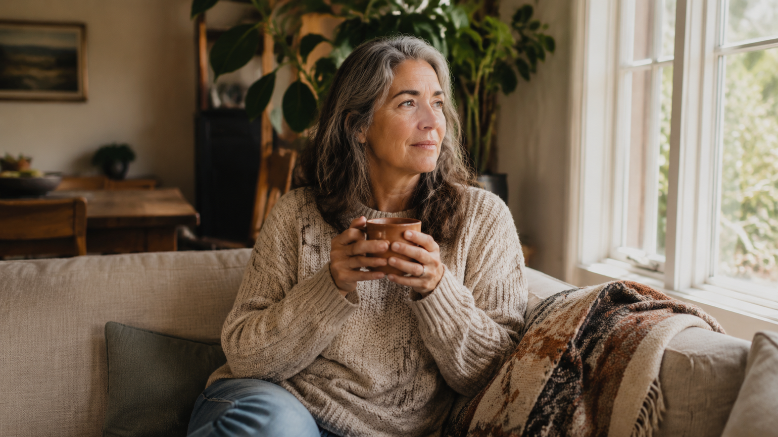 A woman sitting on a sofa in warm daylight, holding a mug of cacao