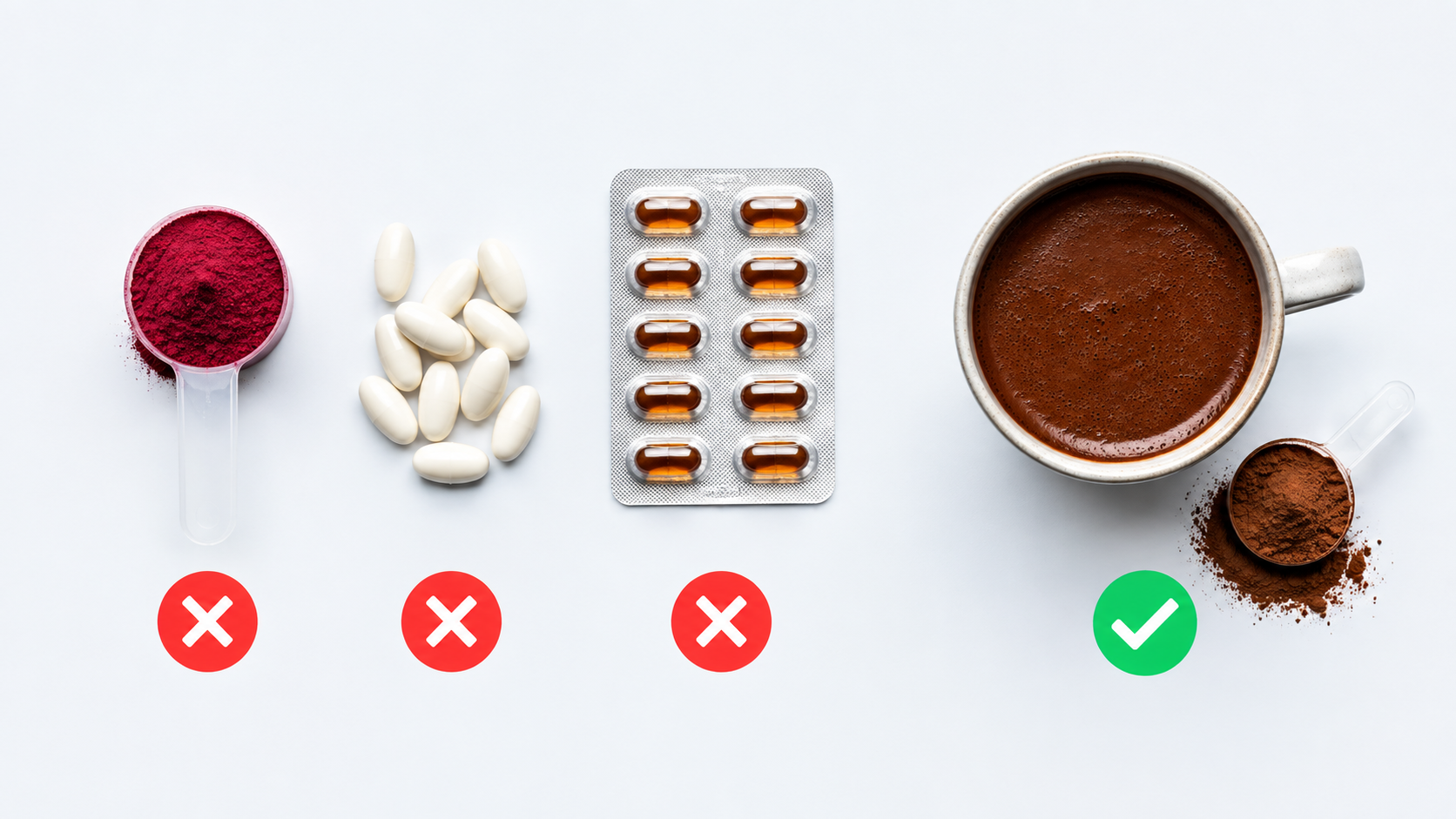 Beetroot powder, garlic capsules and CoQ10 crossed out beside a checked cup of cacao