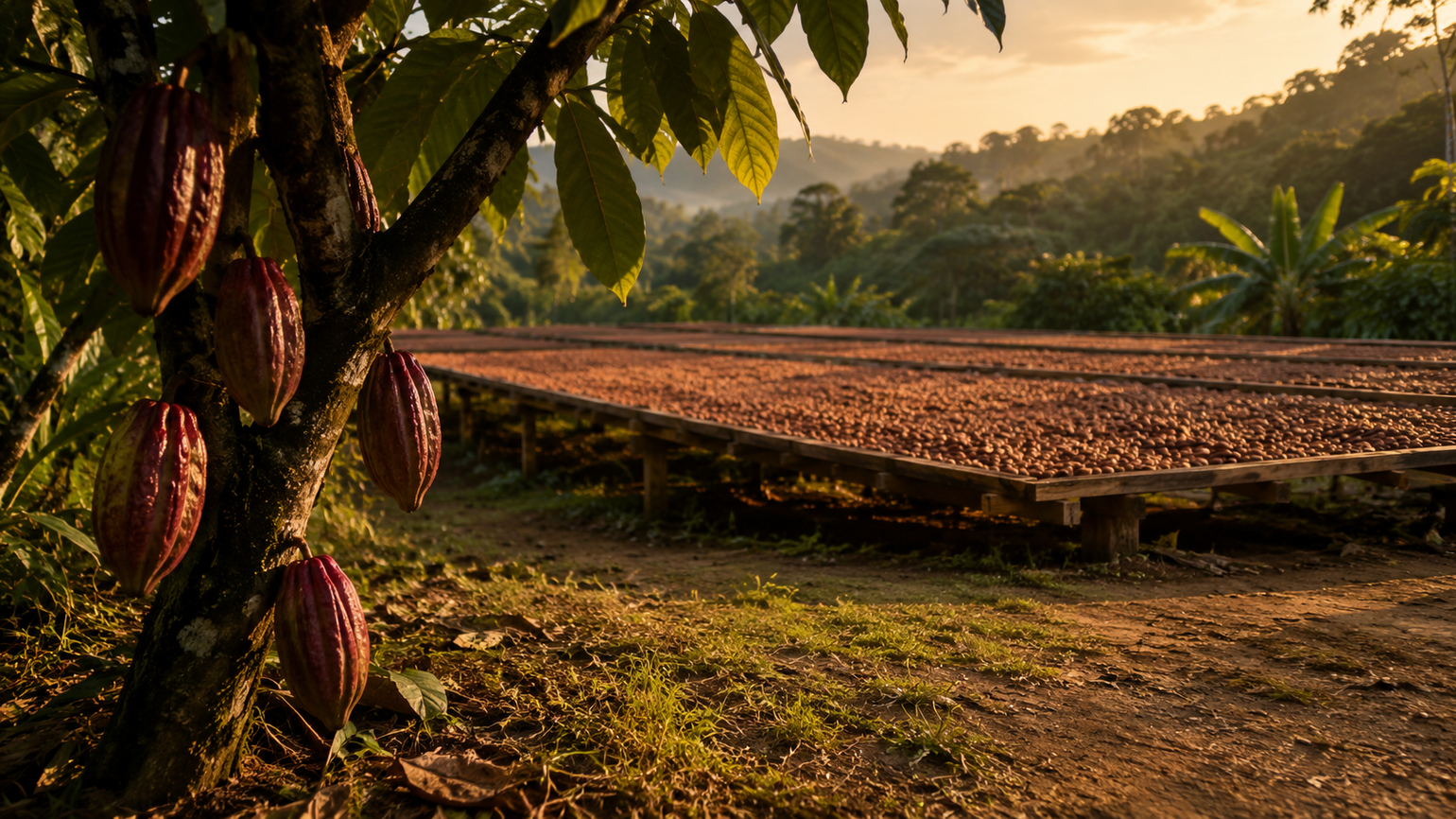 Three Cacao Bliss pouches over images of a Peruvian cacao farm, headed “More than just cacao, it’s a mindful experience”