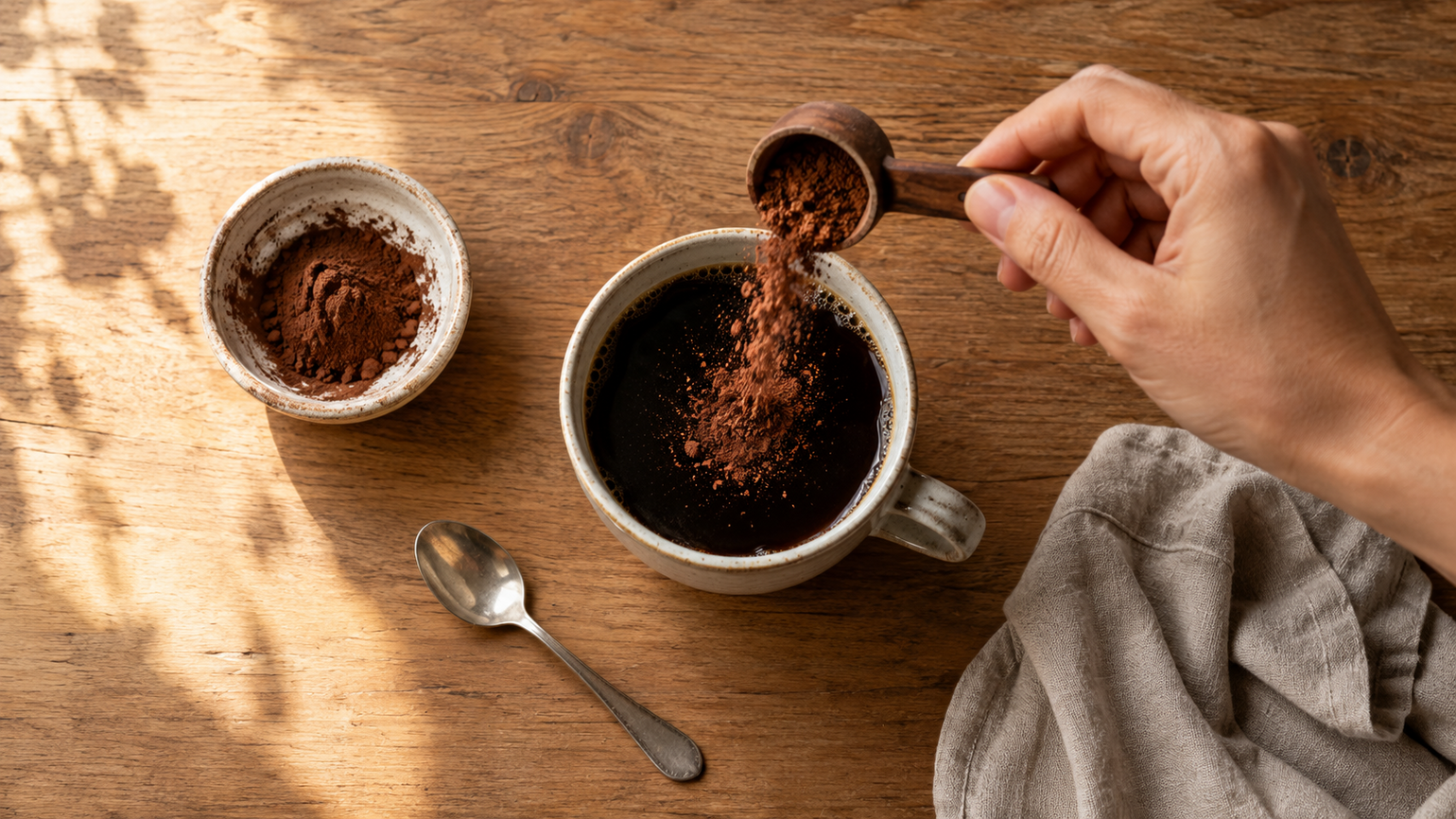 Grid of customers at home holding bags of Cacao Bliss and prepared cups