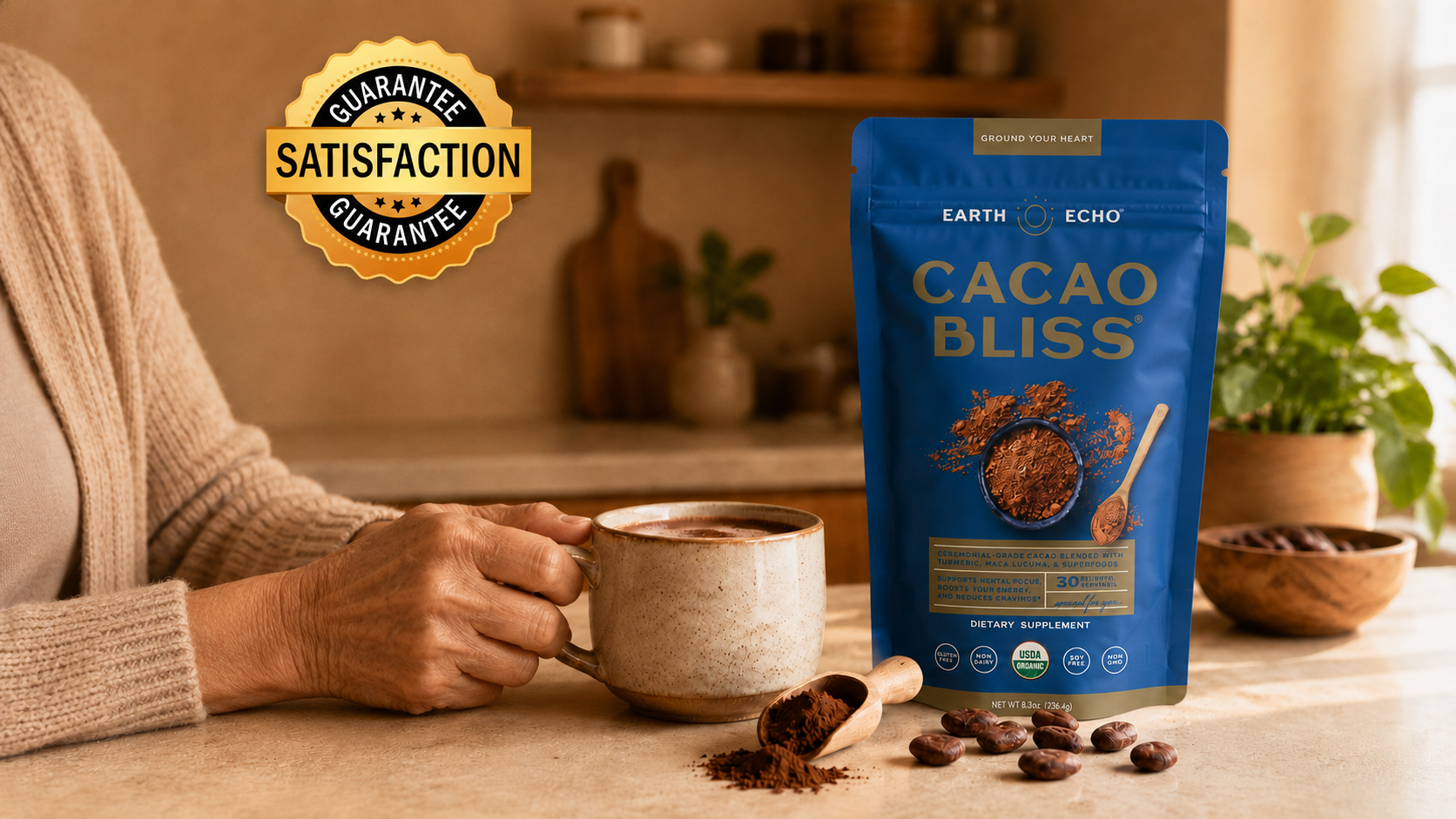 A woman holding a mug of cacao beside a Cacao Bliss pouch, with a satisfaction guarantee seal