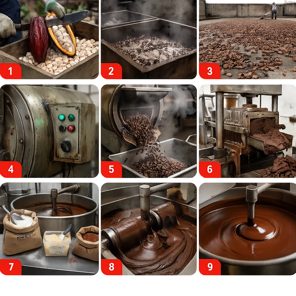 Nine-step industrial chocolate processing overview