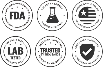 FDA registered, Non-GMO, Lab Tested, Trusted, Satisfaction Guaranteed badges